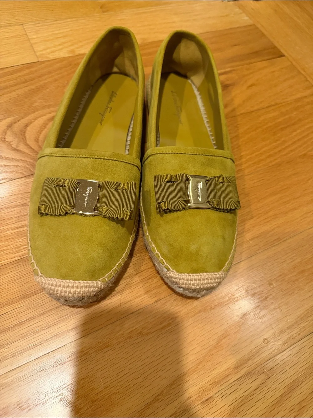 Salvatore Ferragamo Elodie Moutarde Suede Espadrille Loafers with Ribbon Trim
